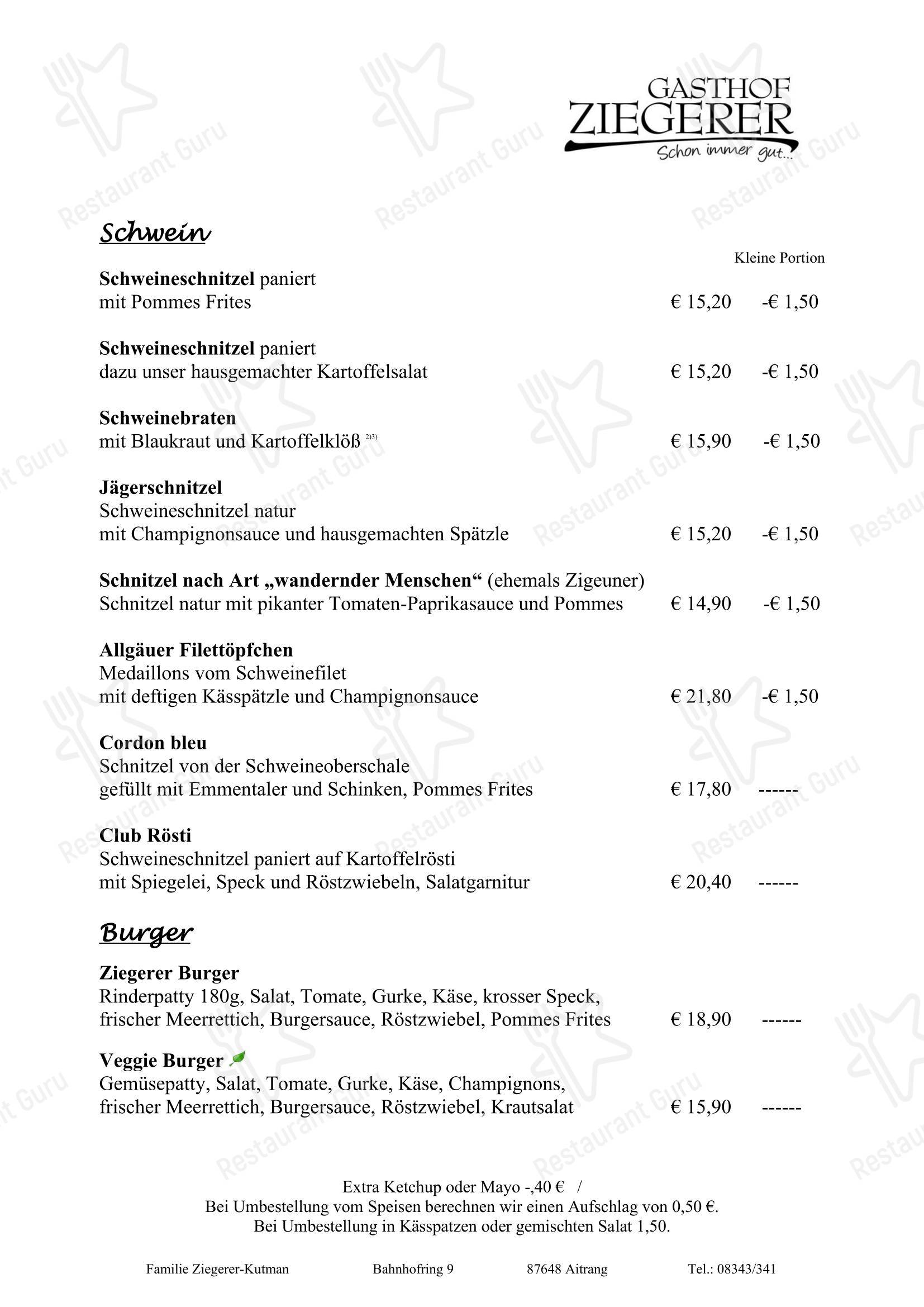 Меню ресторана Gasthaus Ziegerer Aitrang