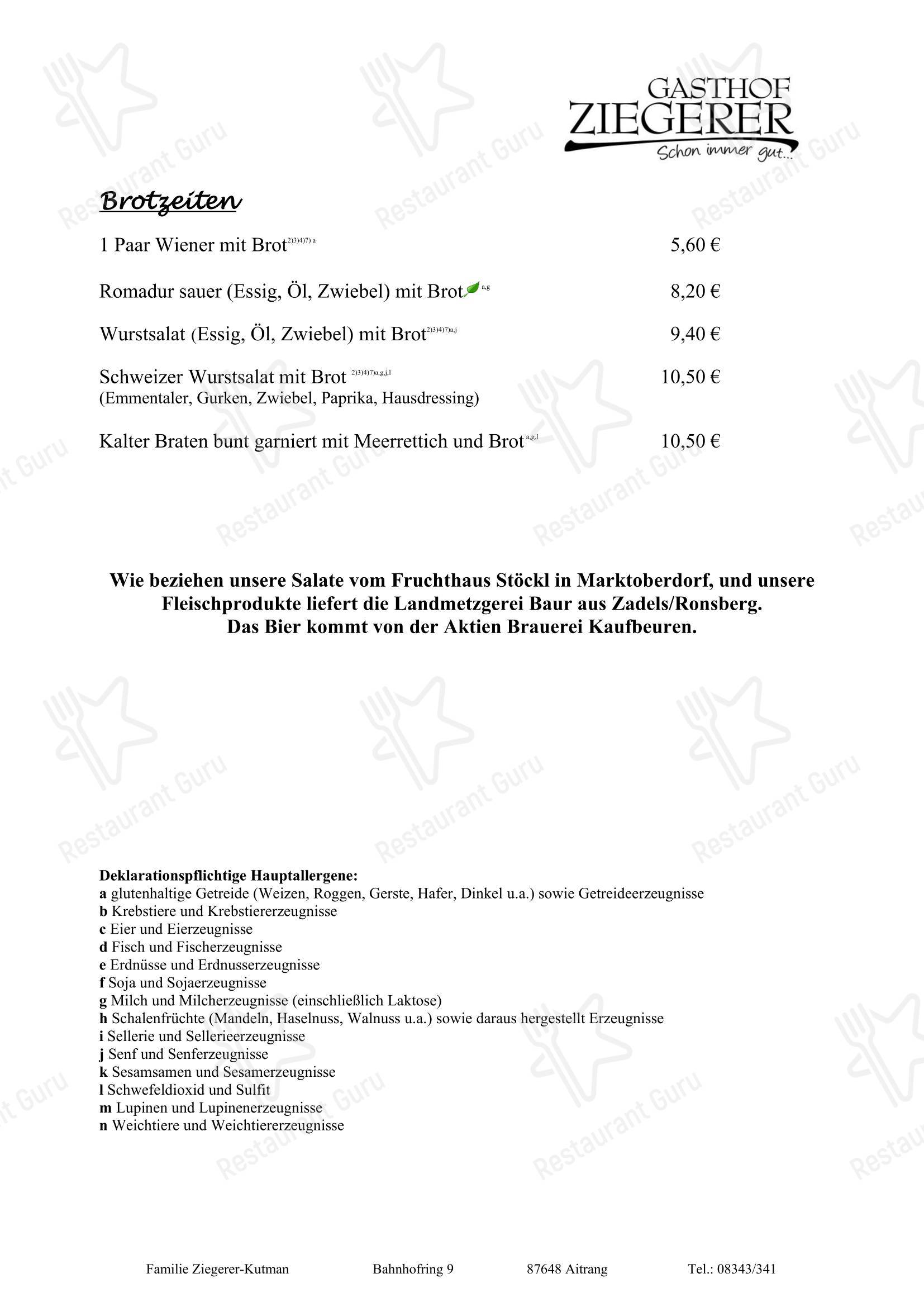 Gasthaus Ziegerer Aitrang в Айтранге - Меню