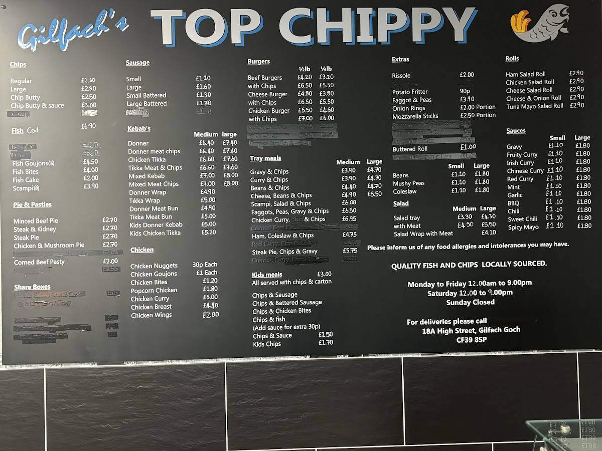 Gilfach’s Top Chippy & Cafe меню