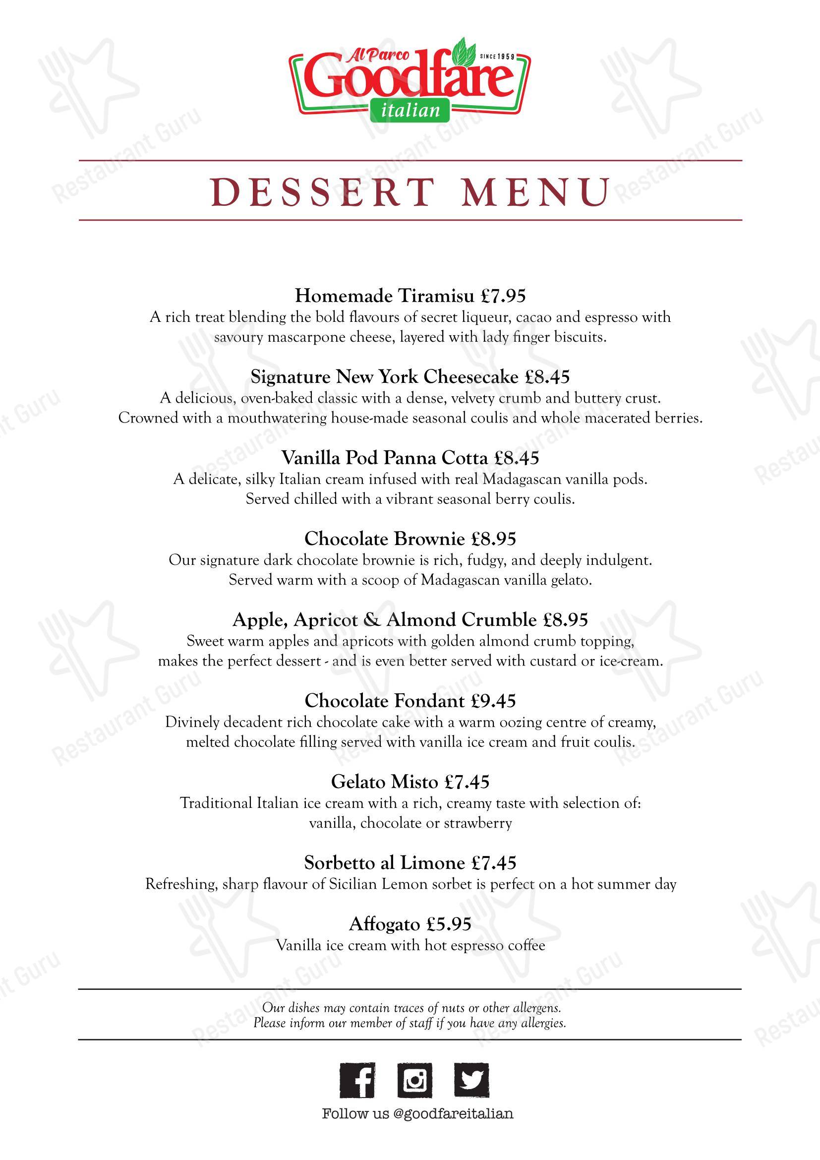 Goodfare Italian Restaurant в Лондоне - 菜单