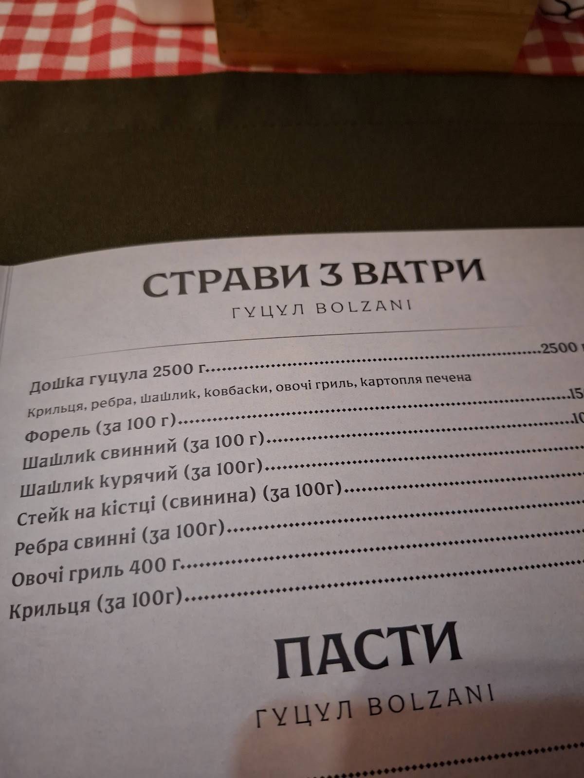 Гуцул Bolzani меню
