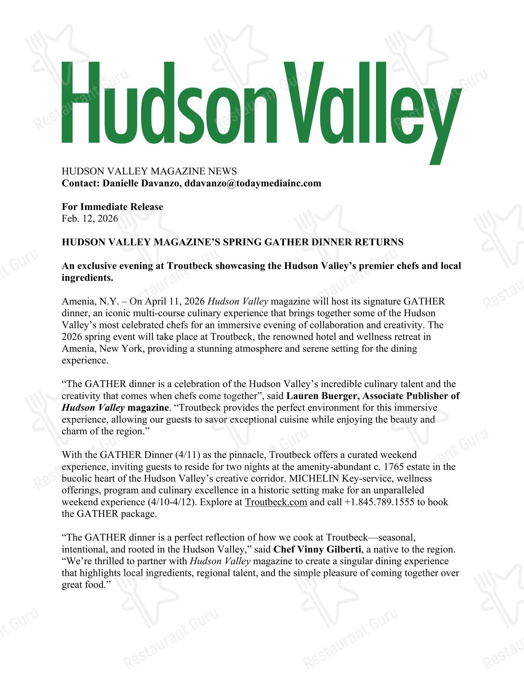 Меню напитков десерта Hudson Valley Restaurant Week в Фишкилле