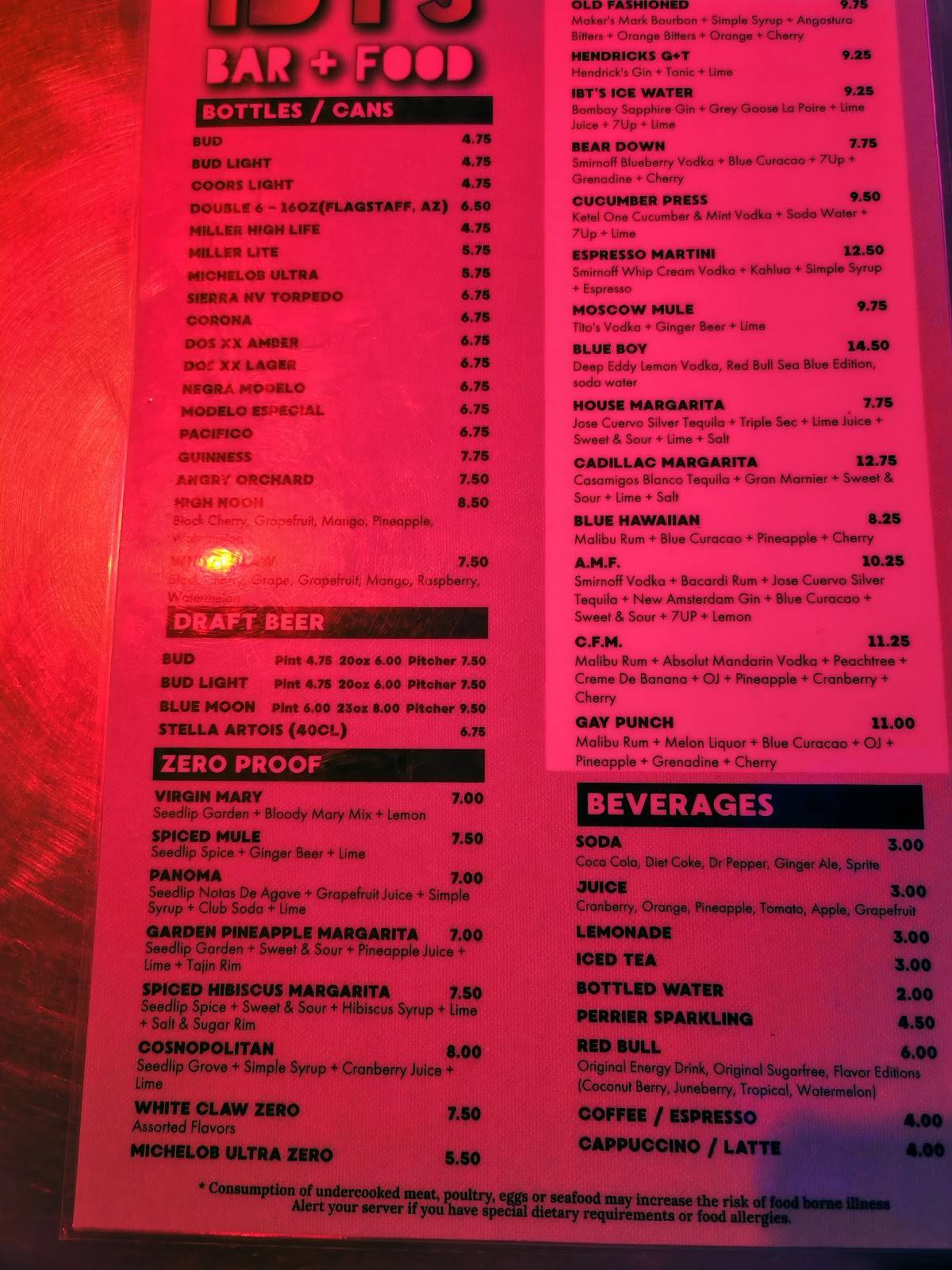 IBT's Bar + Food меню