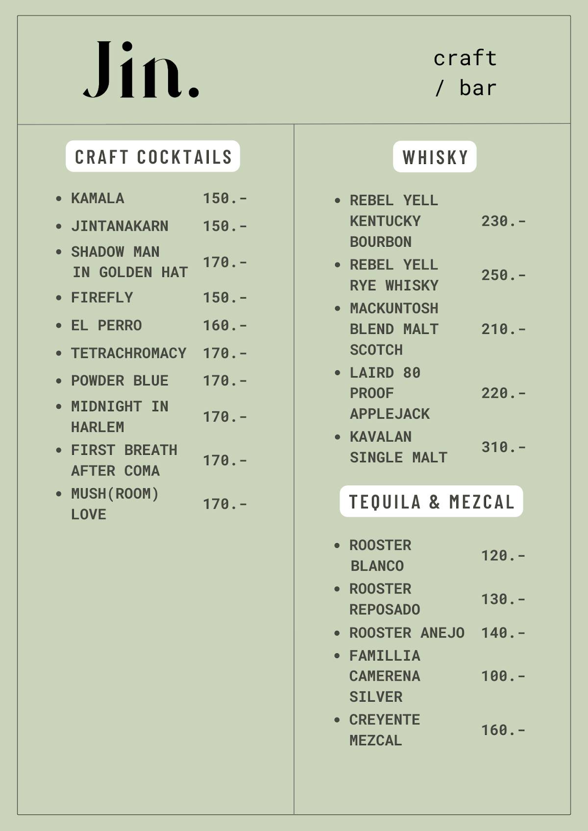 Jin Craft. меню