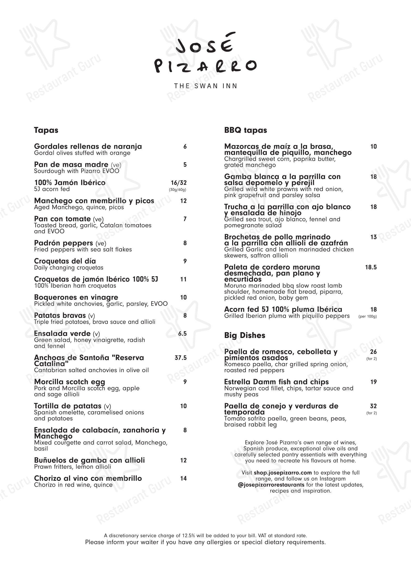 José Pizarro The Swan Inn в Эшере - Крафт меню