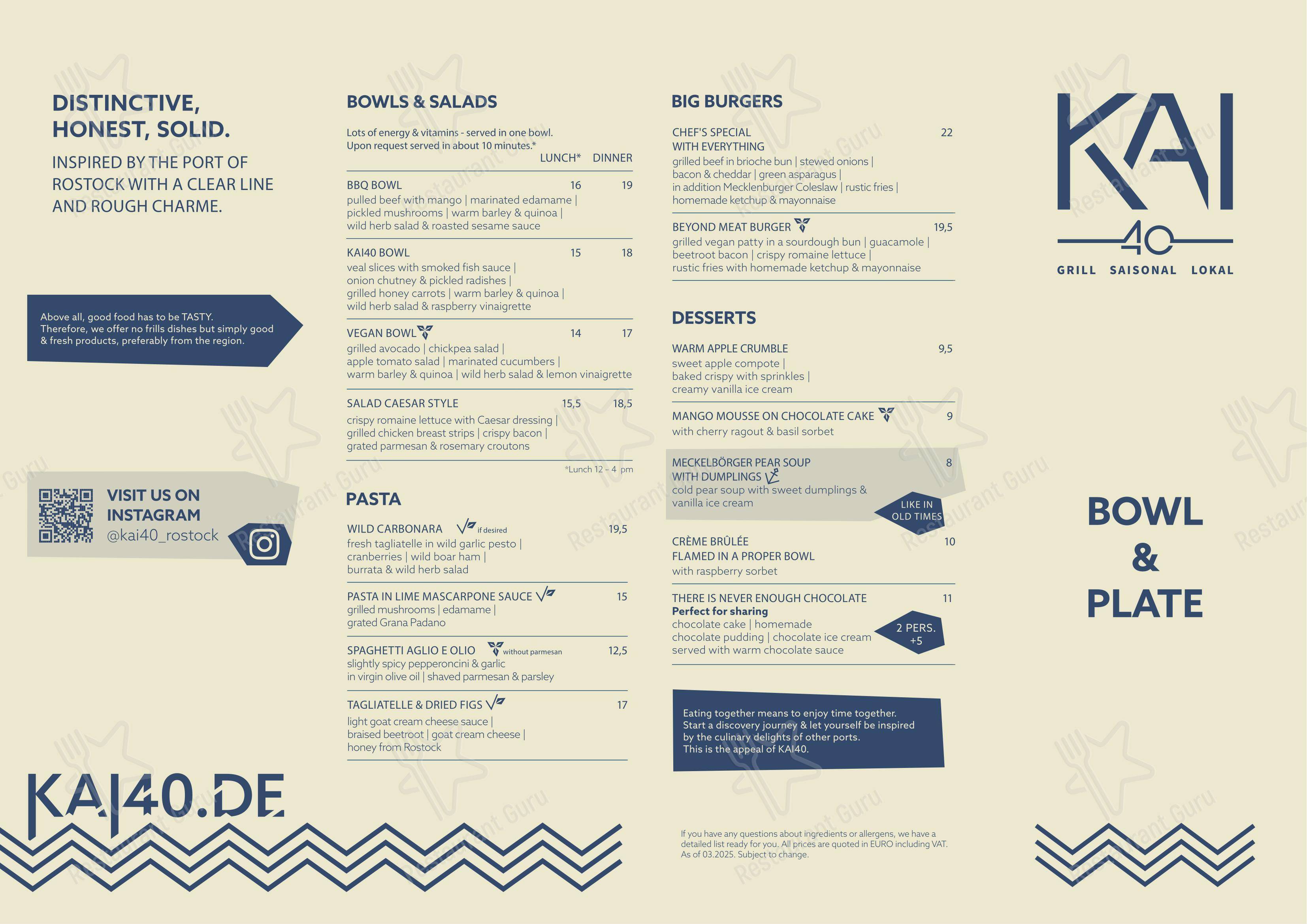 KAI40 Restaurant & Bar - Rostock в Ростоке - Dinner Menu