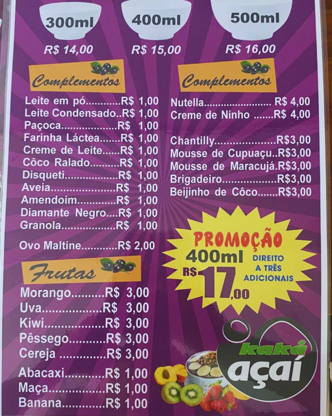 Kaká Açaí меню