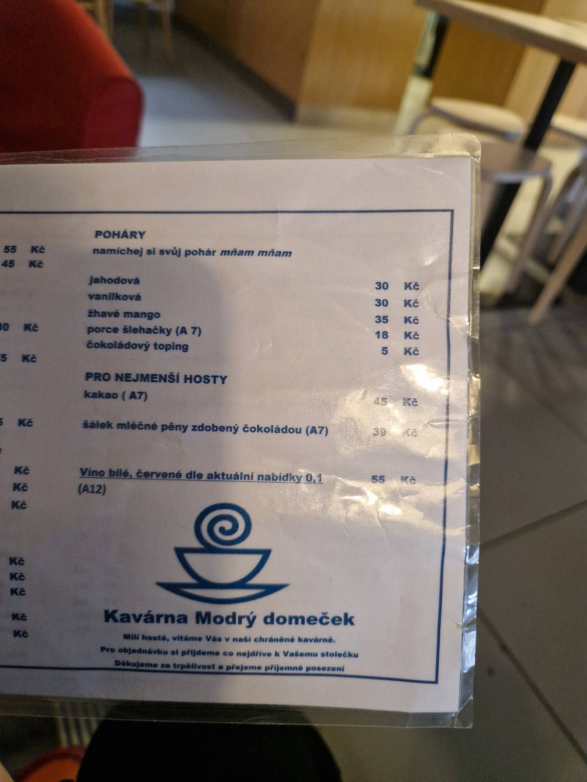 Kavárna Modrý domeček меню