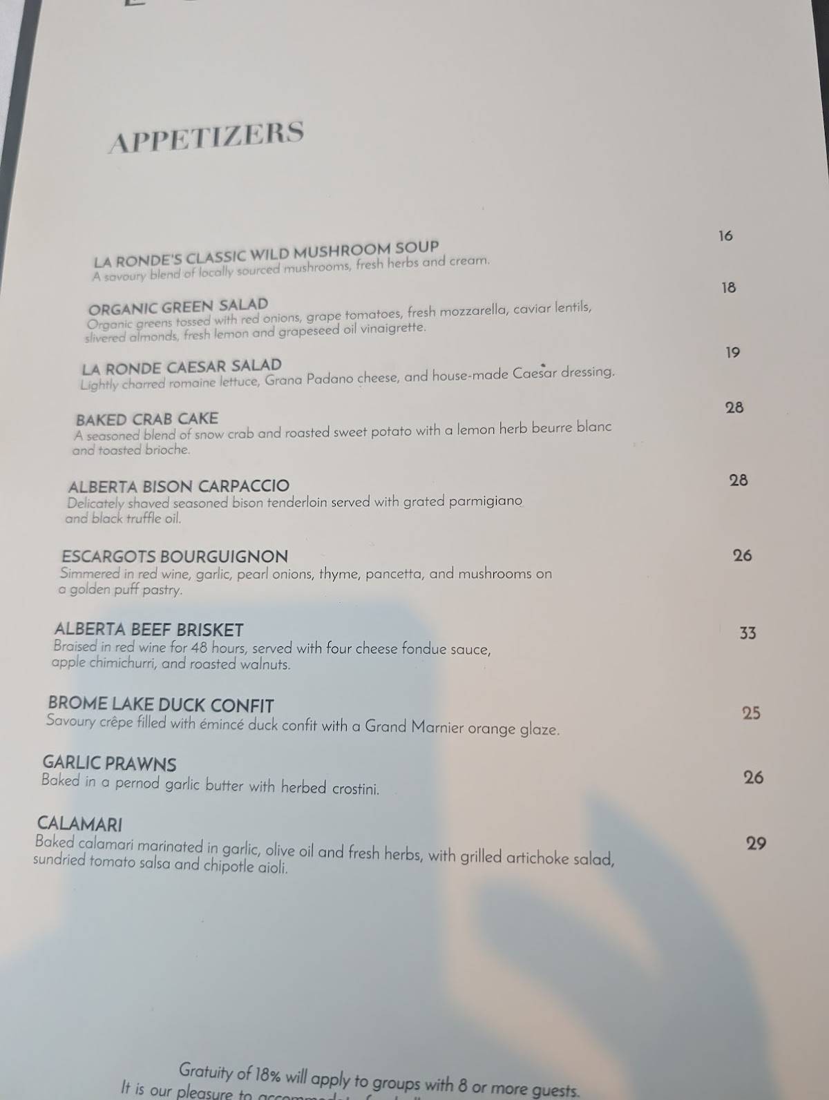La Ronde Revolving Restaurant меню