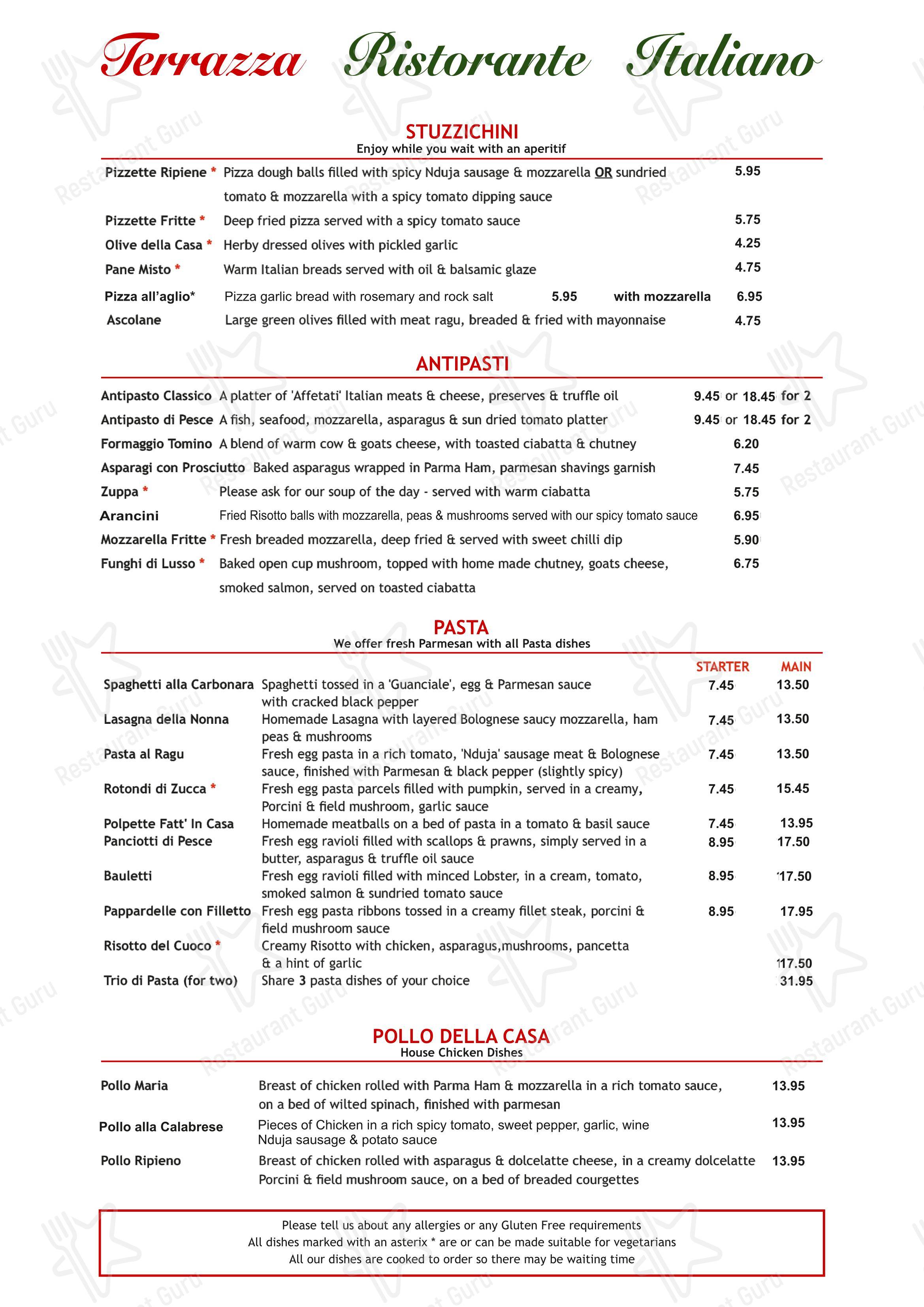 Меню ресторана La Terrazza Ristorante Italiano в Рагелях