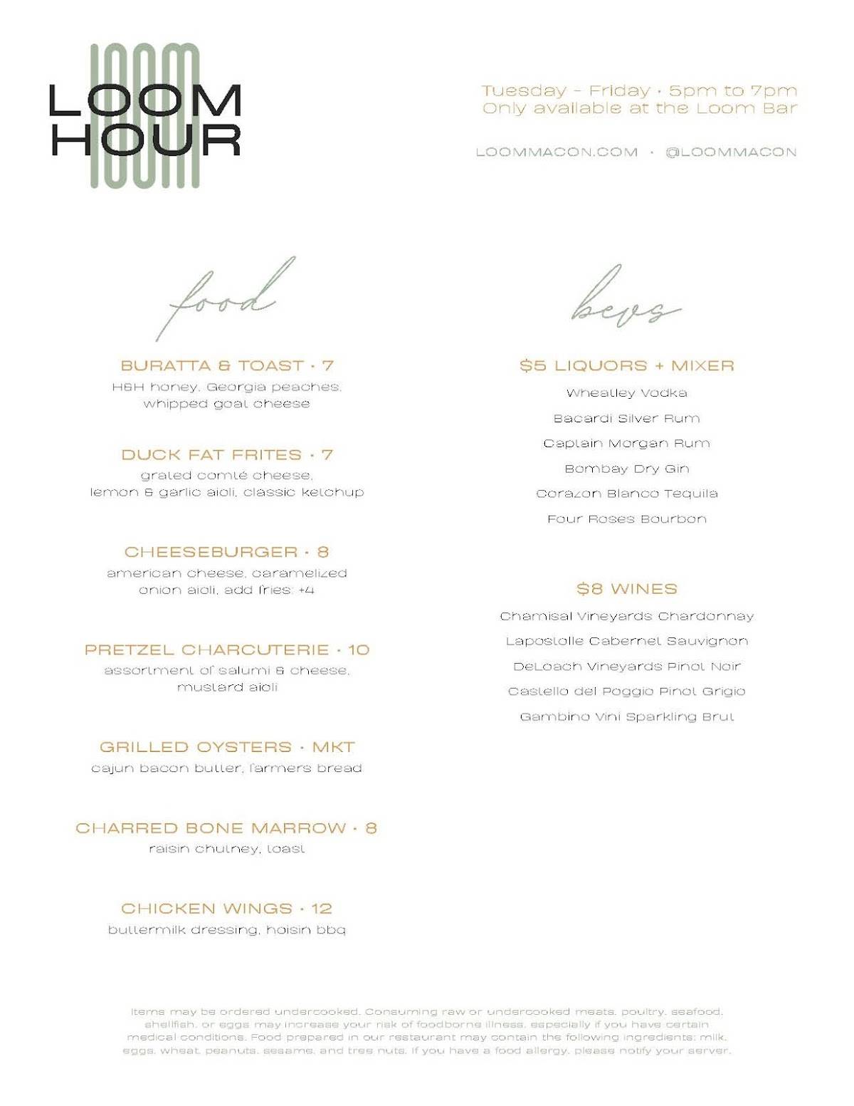 Loom Comfort Kitchen & Cocktails меню