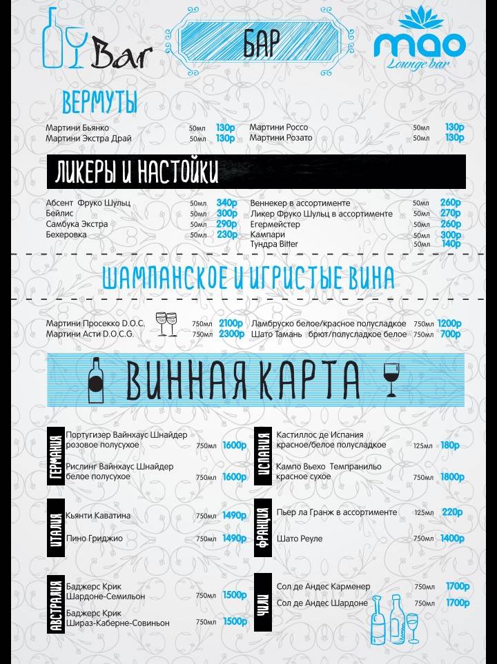 Лаундж бар Мао меню