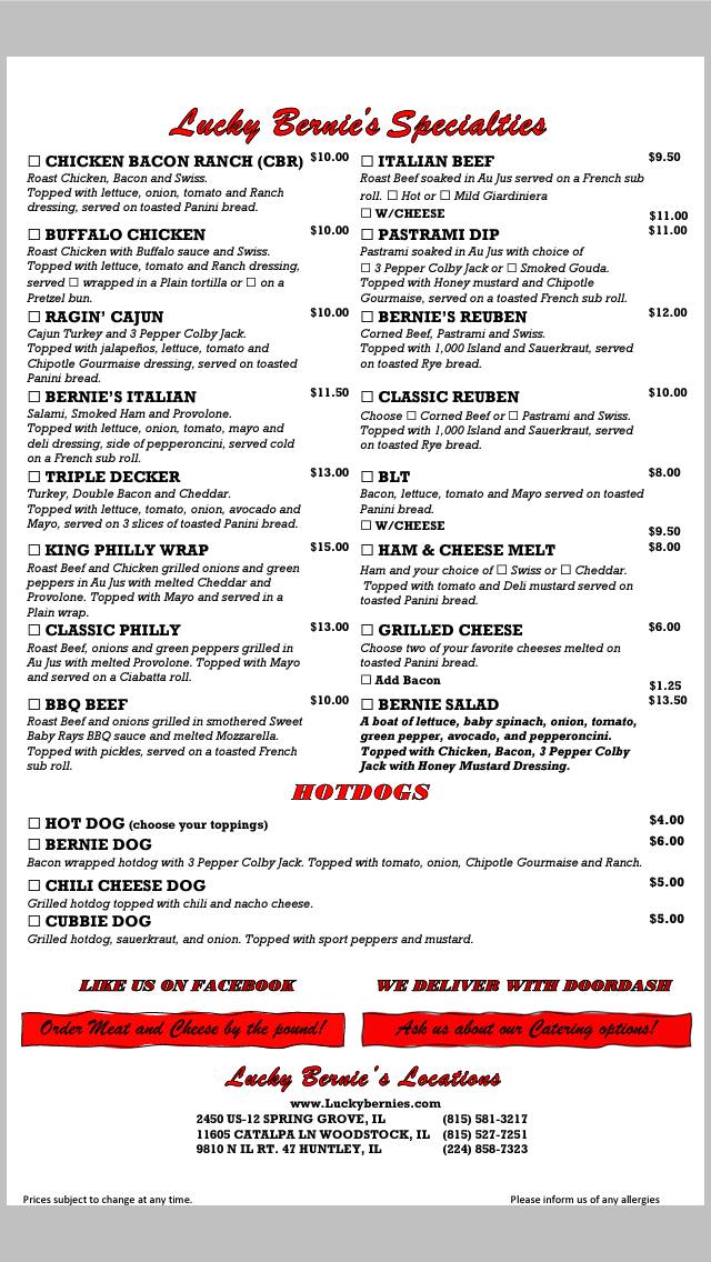 Lucky Bernie's Spring Grove меню