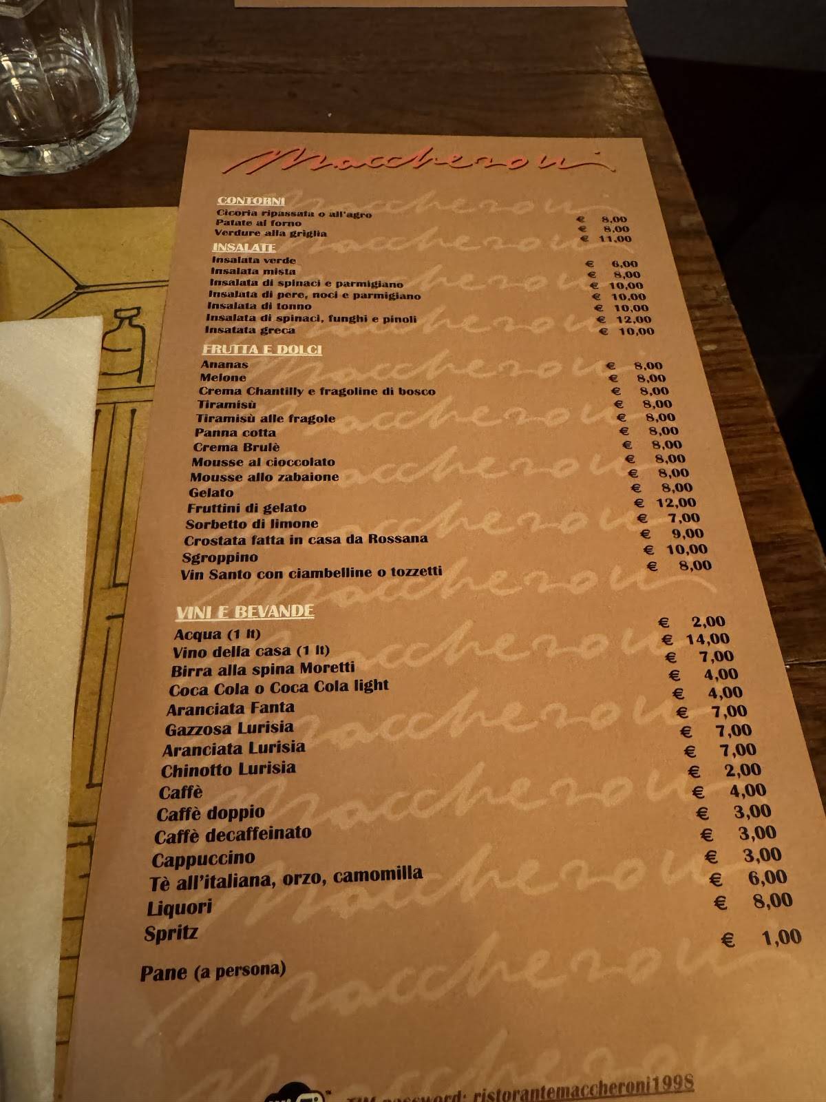 Maccheroni меню