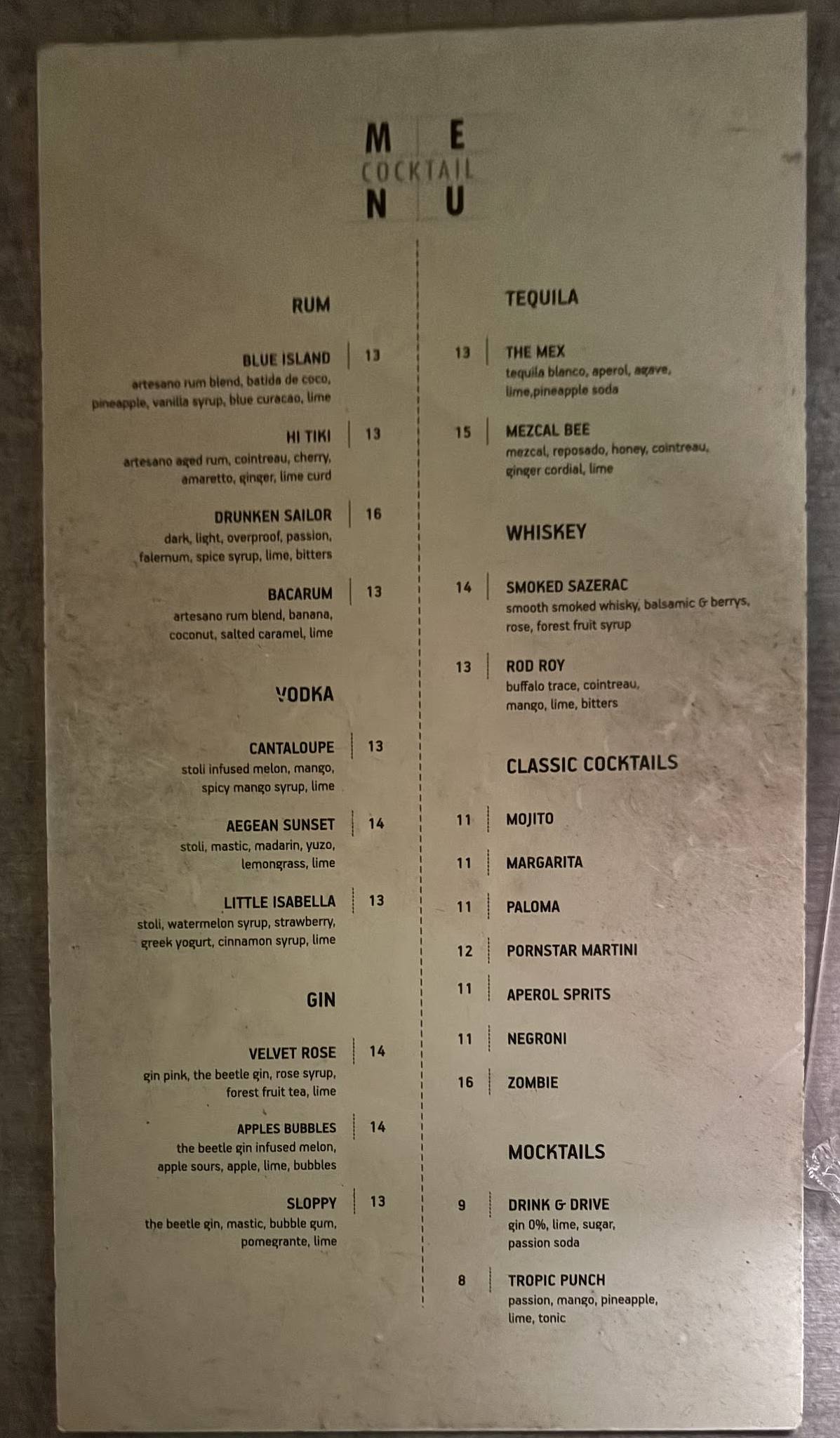 Mozaik cocktail bar меню