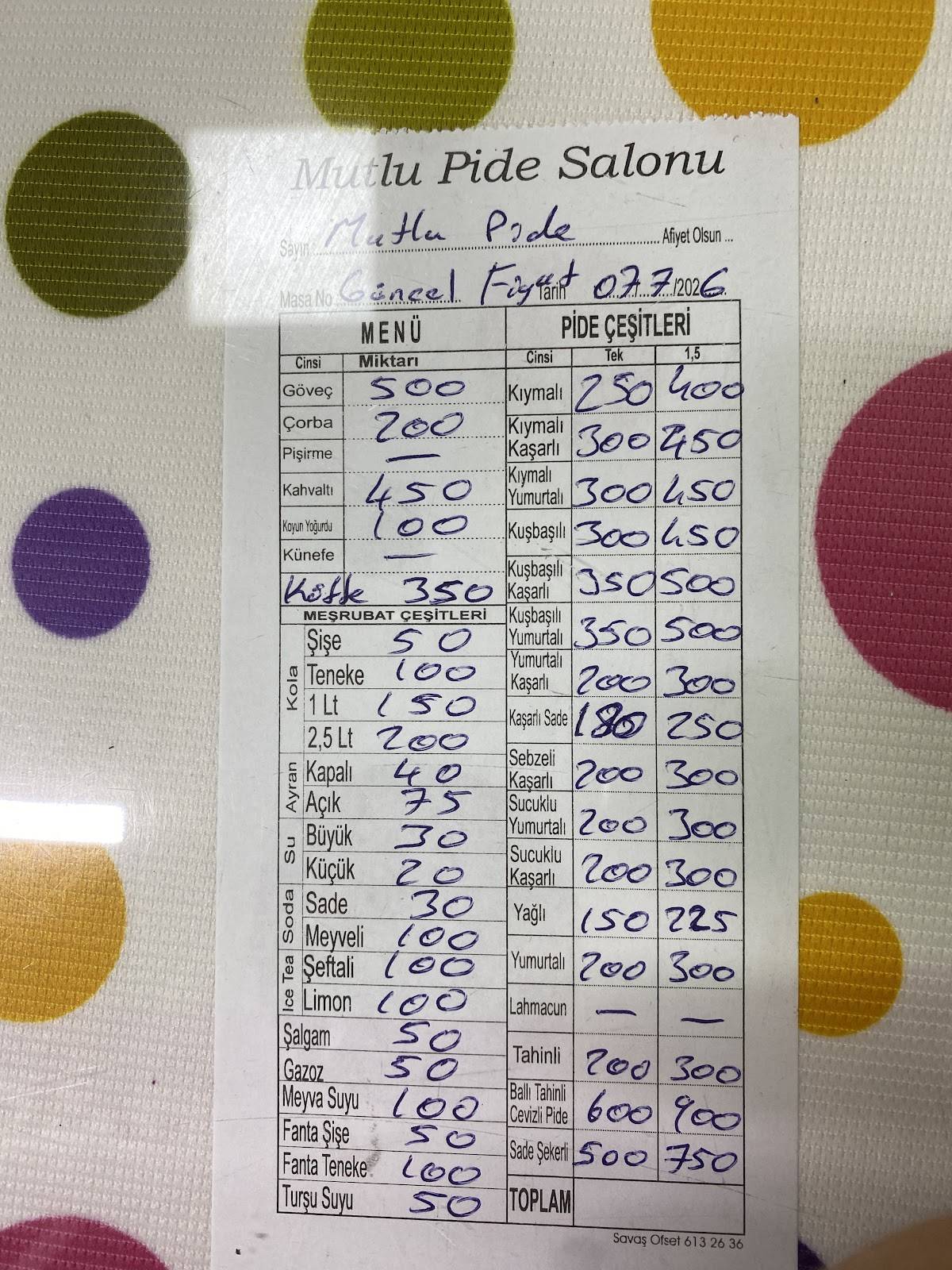 Mutlu Pide меню