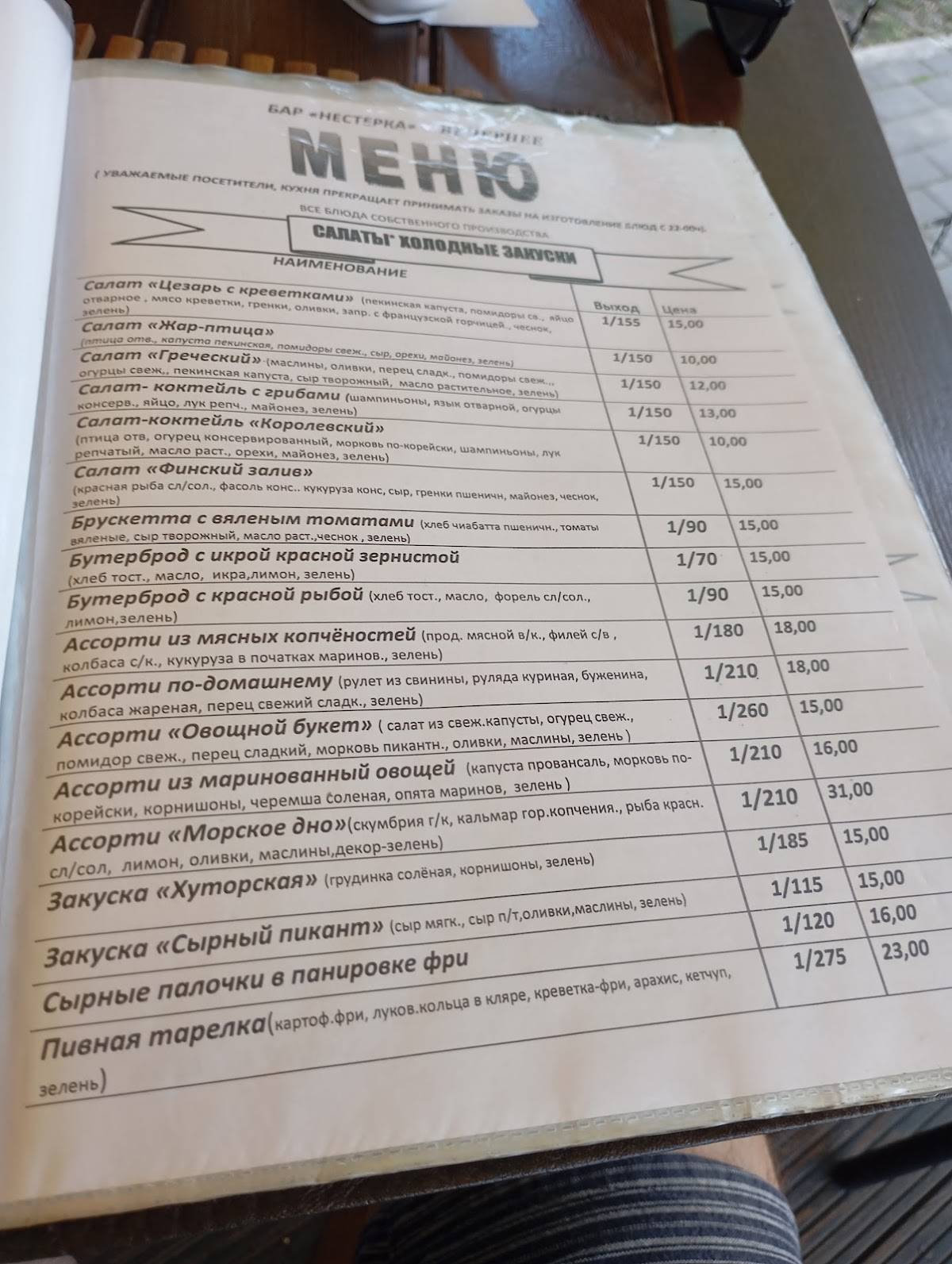 Нестерка Бар ОАО Общепит Школьник меню