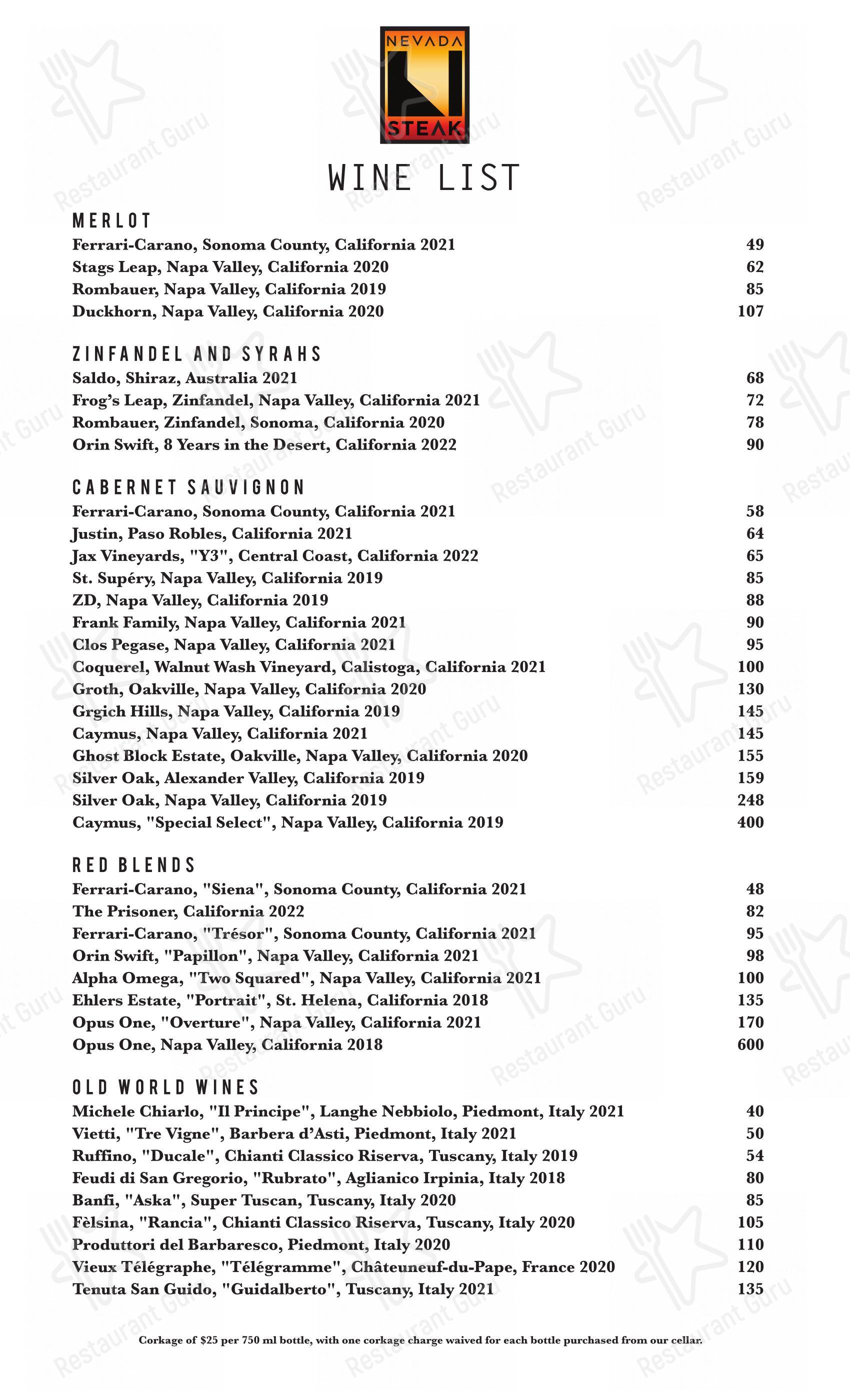 Nevada Steak в Рино - Меню