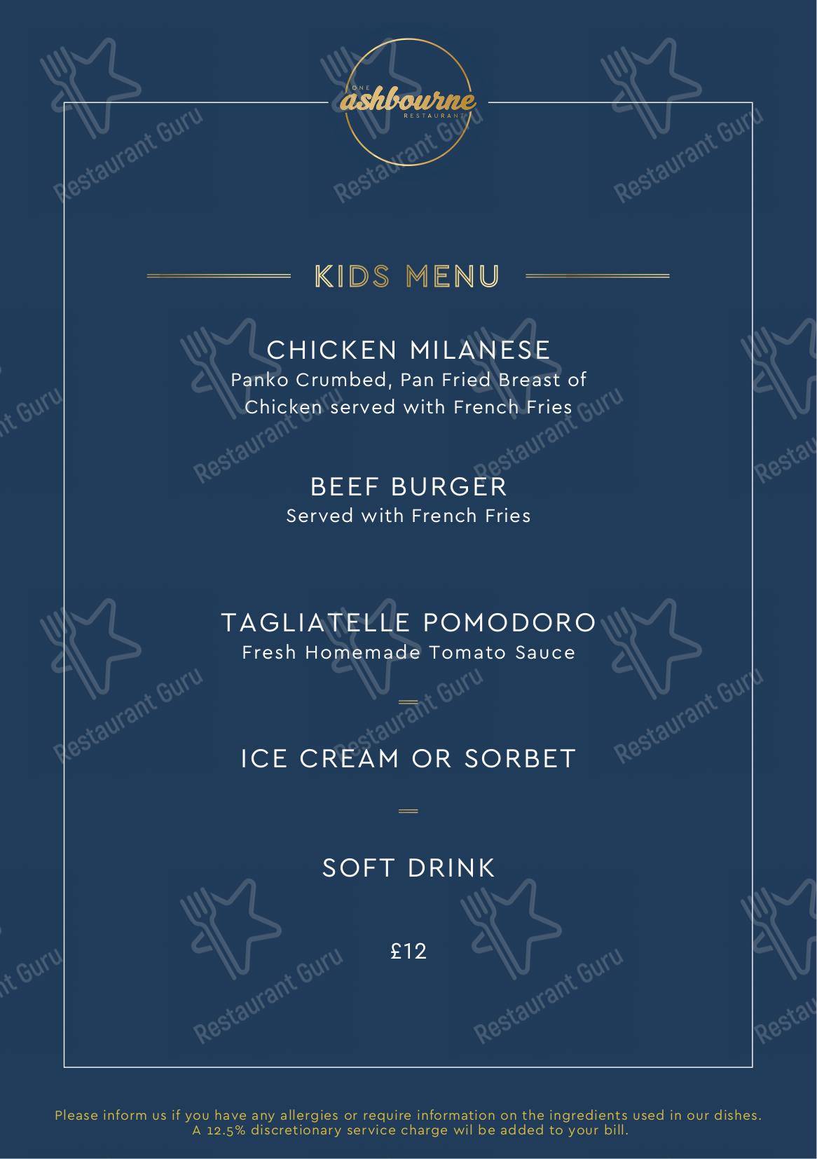 Takeaway Menu ресторана One Ashbourne в Лондоне