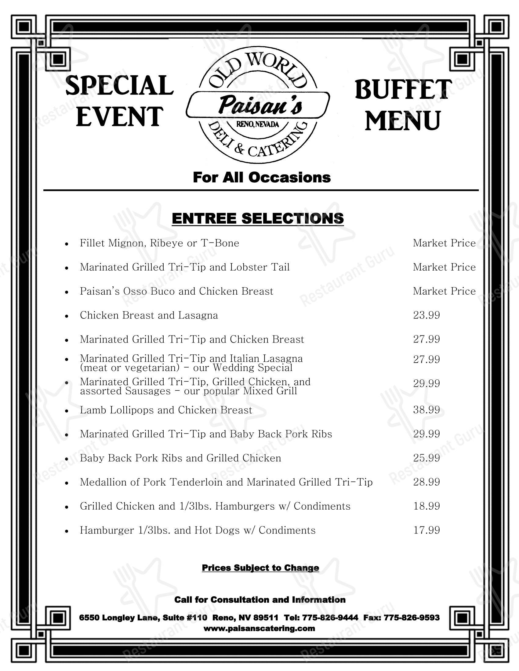 Dinner Menu ресторана Paisan's Old World Deli & Catering