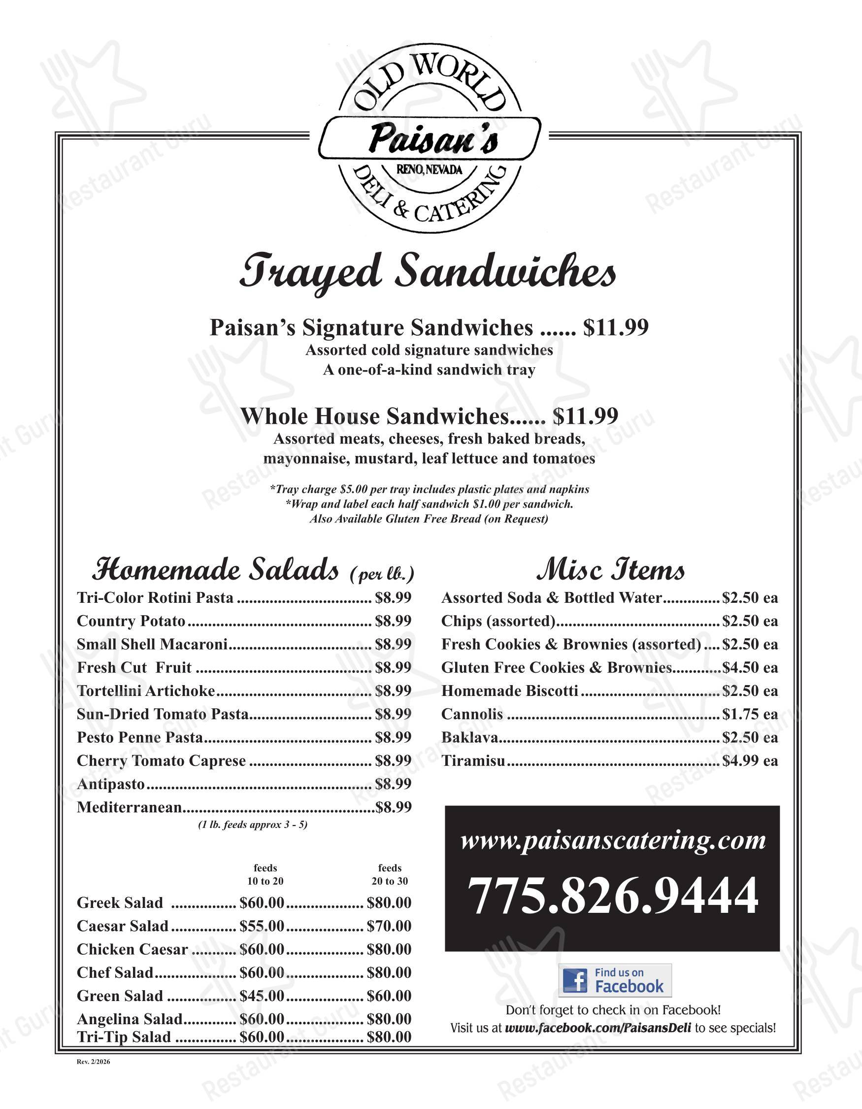 Takeaway Menu ресторана Paisan's Old World Deli & Catering