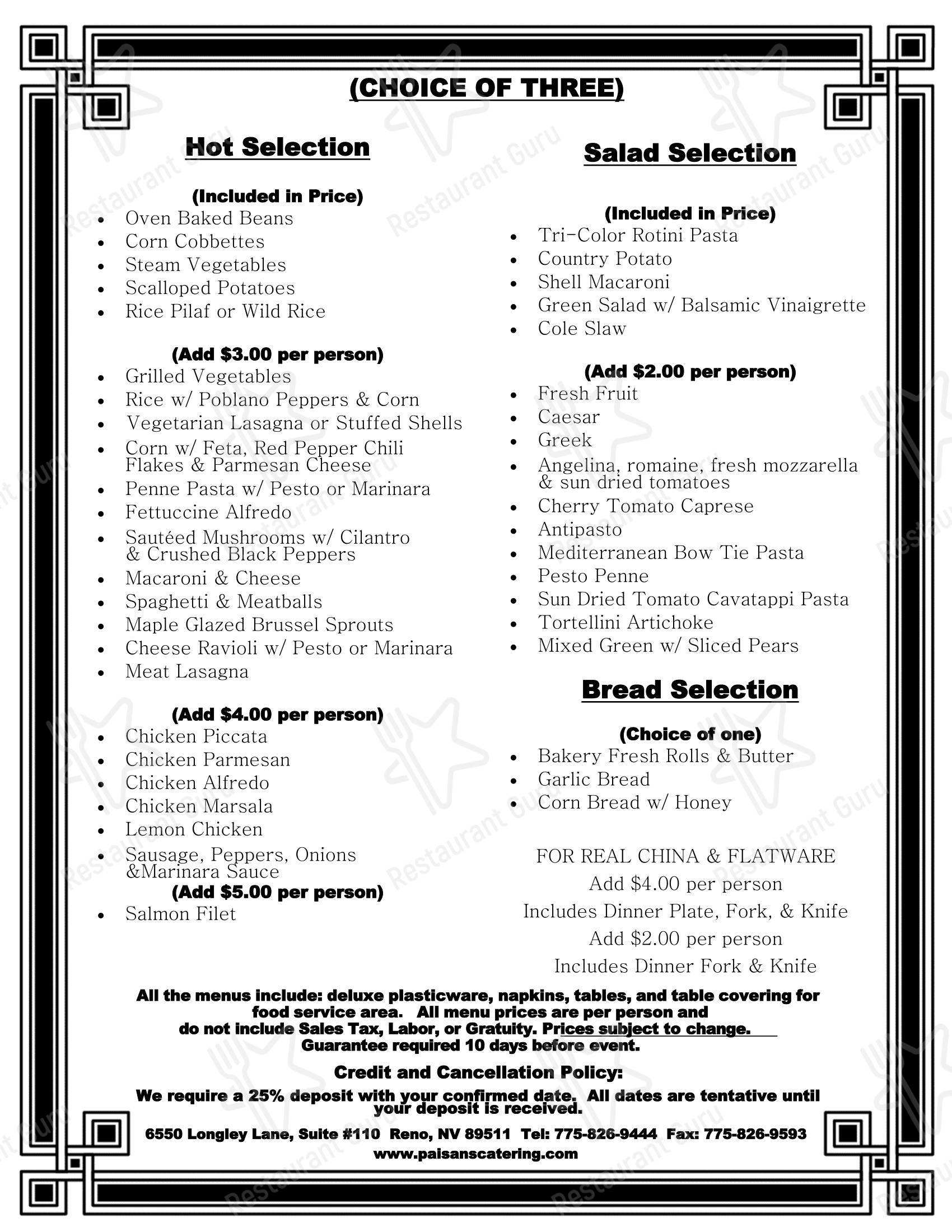 Takeaway Menu ресторана Paisan's Old World Deli & Catering в Рино
