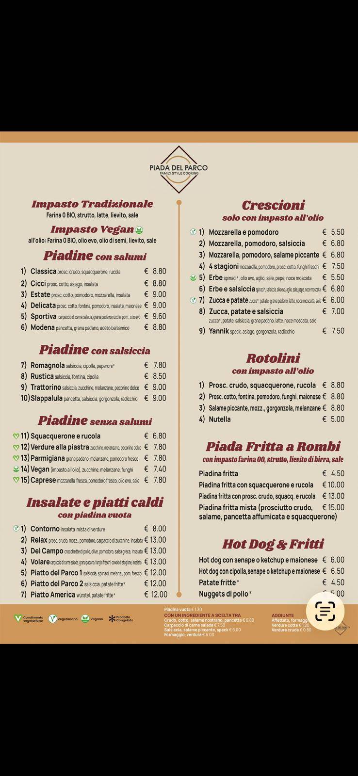 Piada del Parco меню