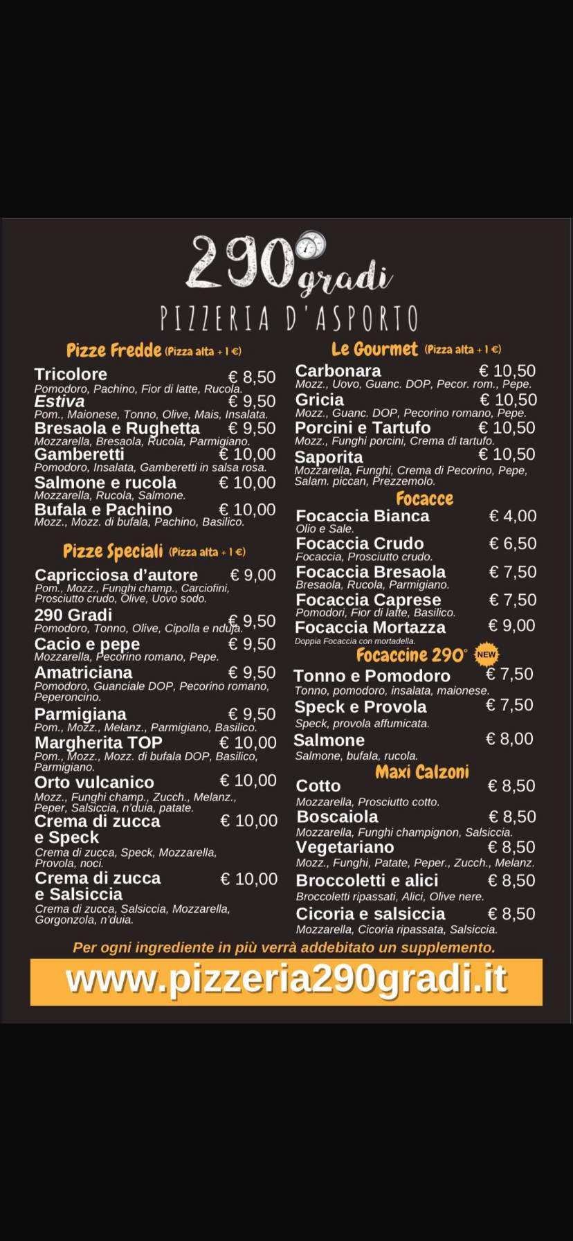 Pizzeria 290° Gradi меню