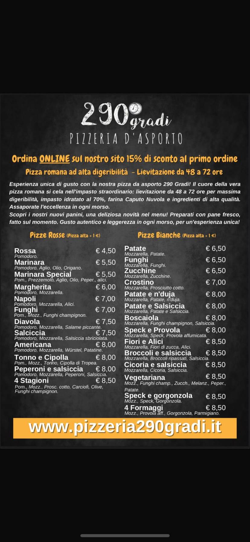 Pizzeria 290° Gradi меню