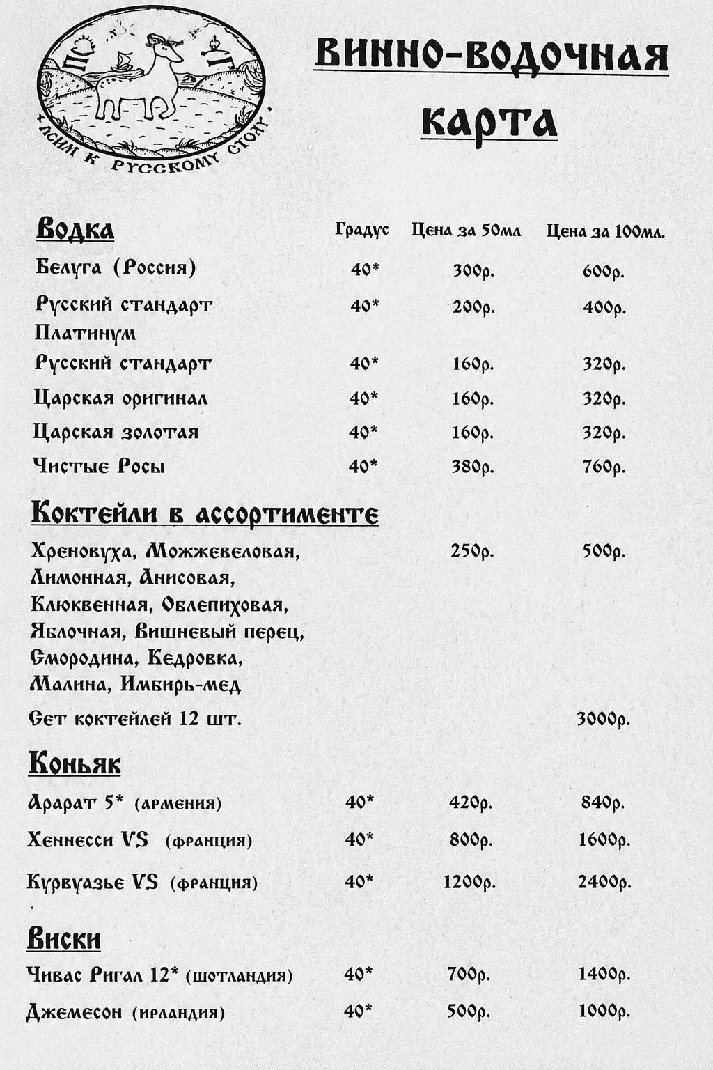 Трактир "Попов луг" меню