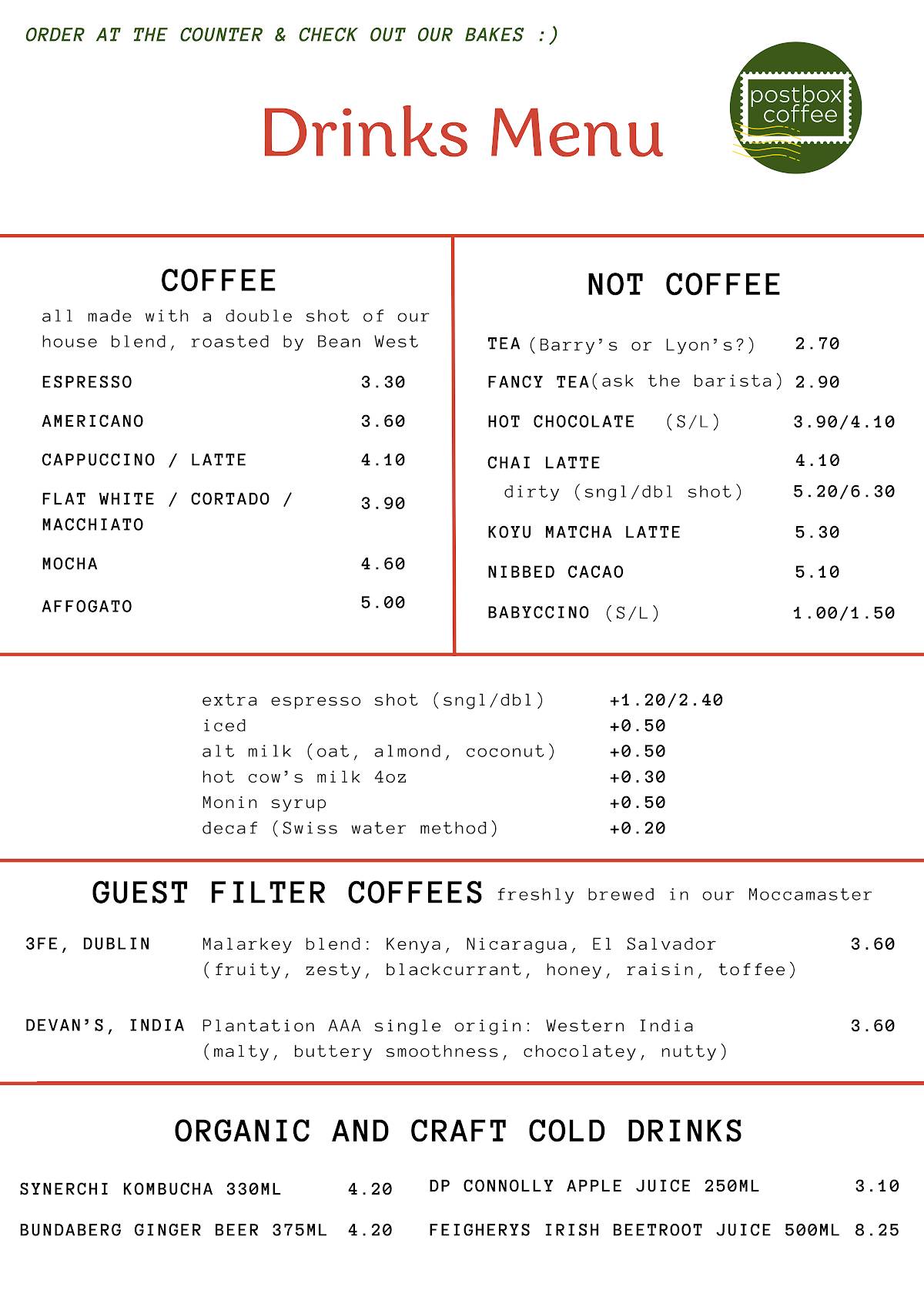 Postbox Coffee меню