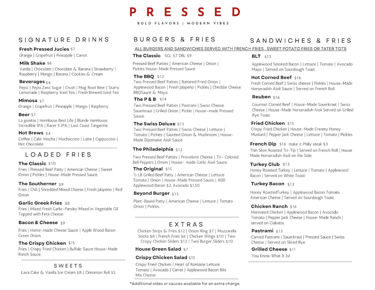 Pressed Restaurant меню