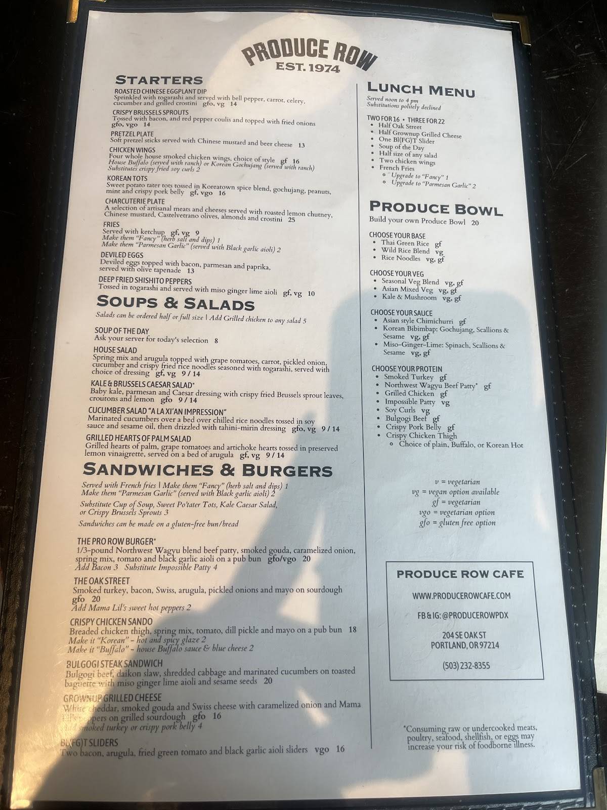 Produce Row Cafe меню