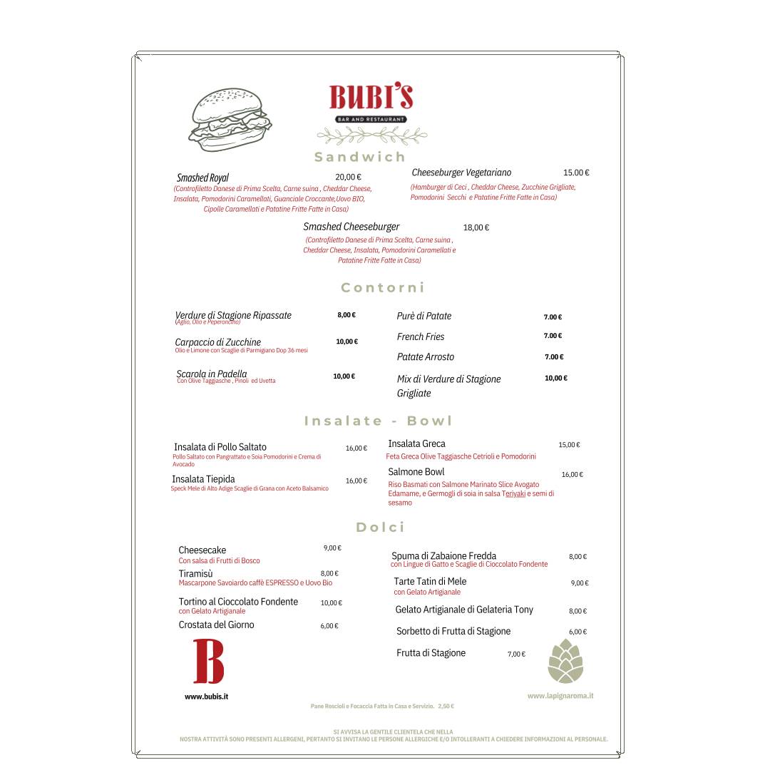 Bubi's Ristorante меню