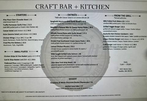 Craft Bar + Kitchen меню
