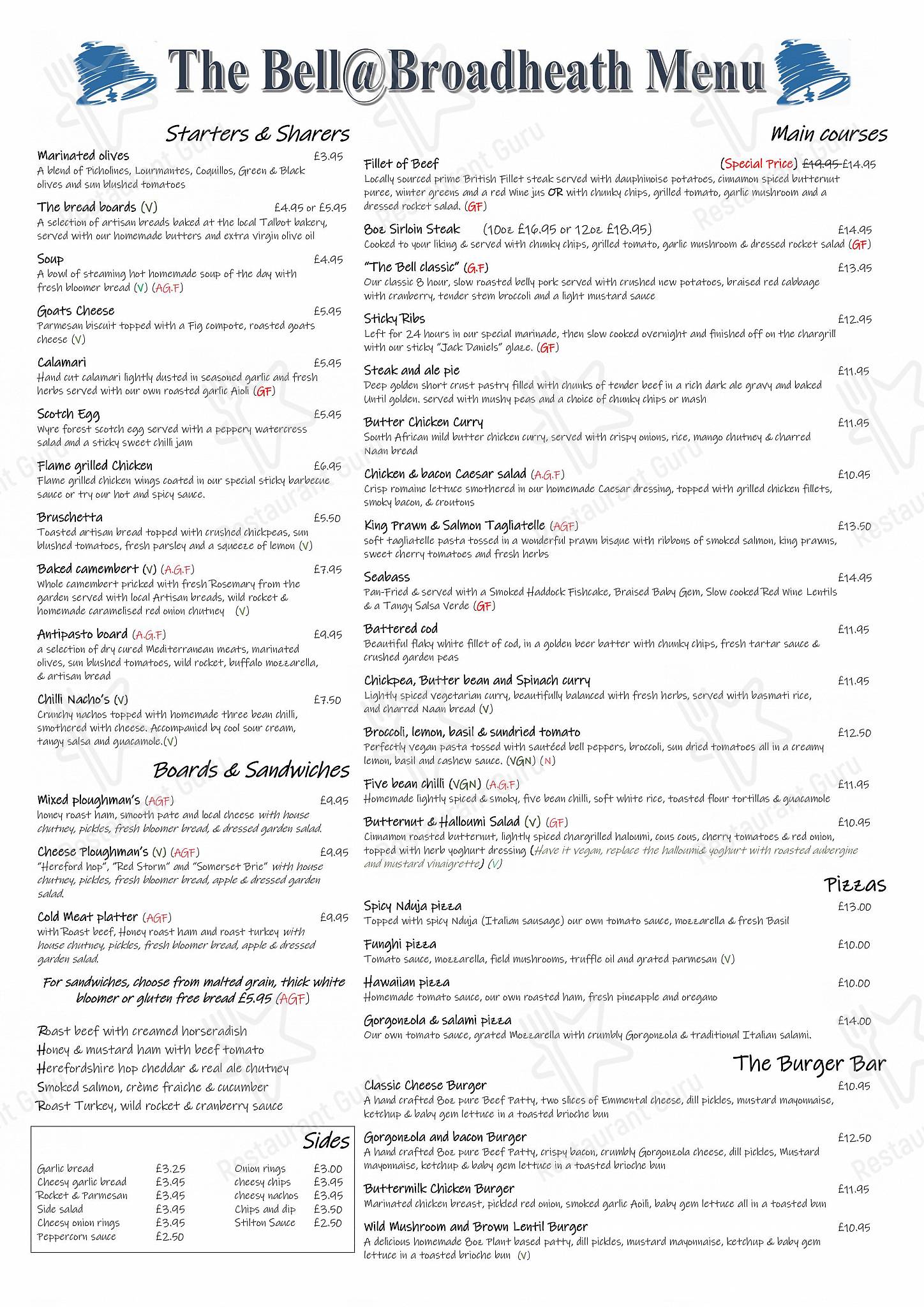 Group Booking Menu паба и бара The Bell Inn Broadheath в Вустере