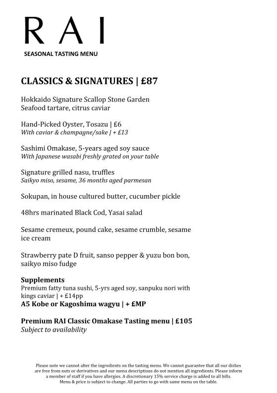 RAI Restaurant London меню