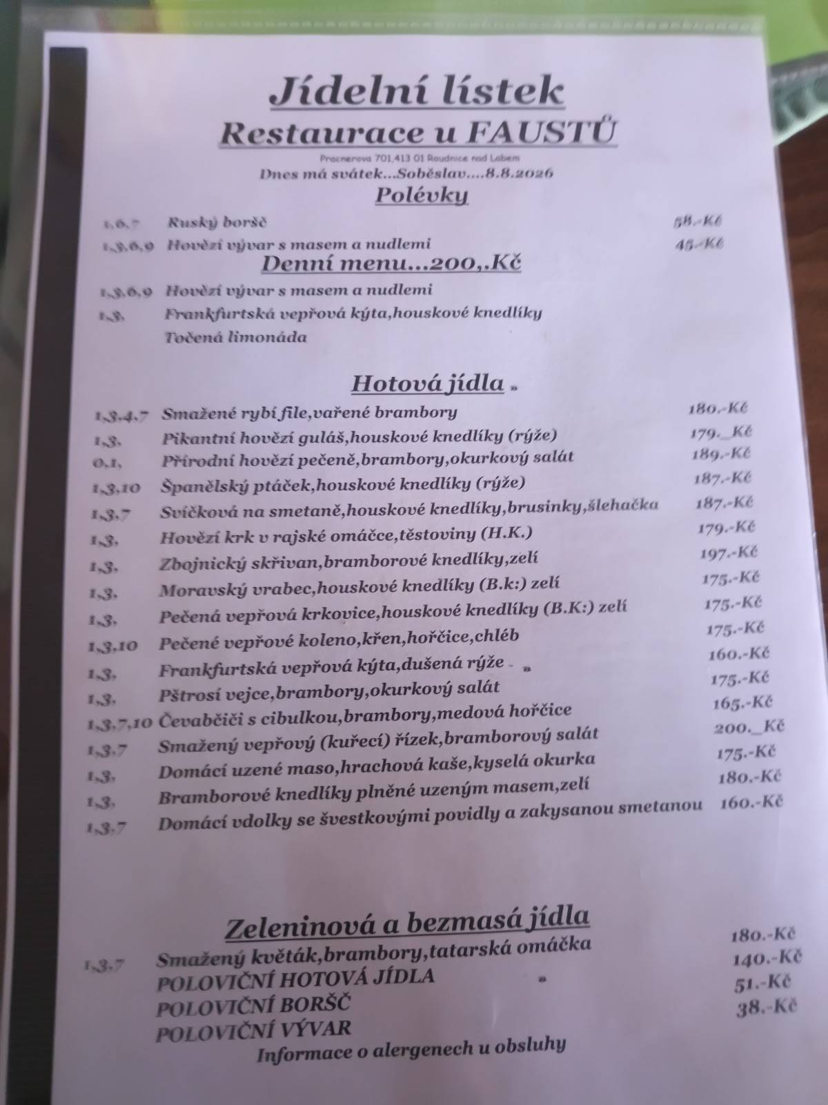 Restaurace U Faustů меню