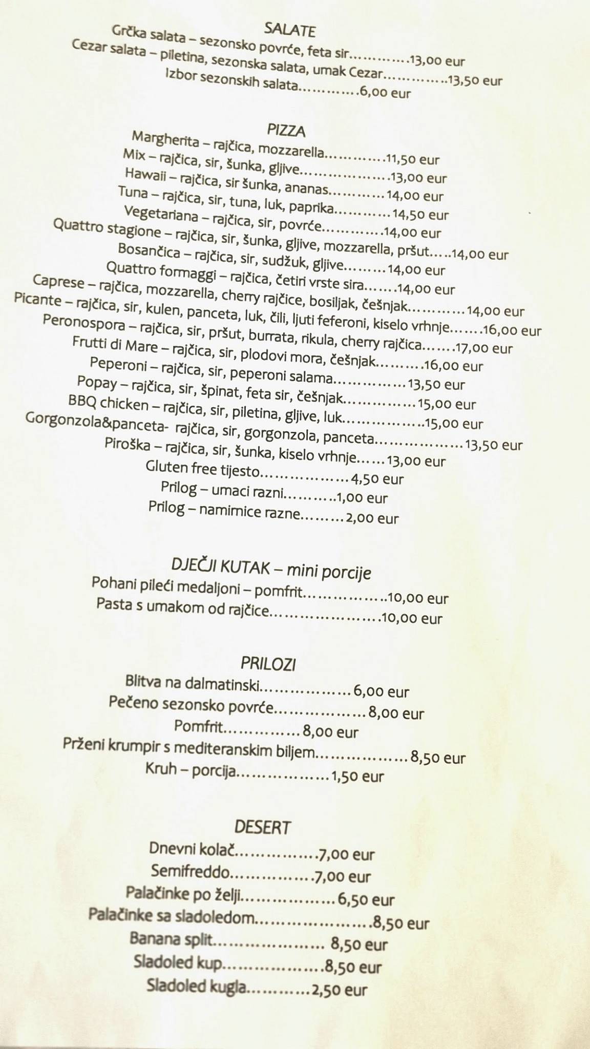 Restauracja Sunce меню