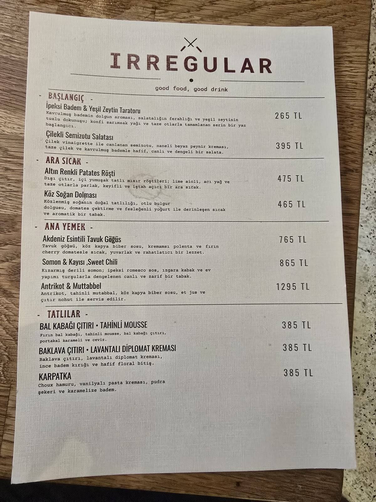 Irregular Moda меню