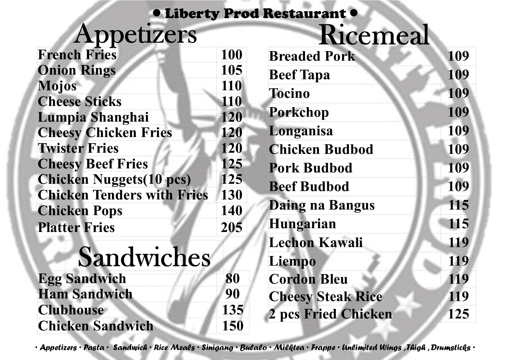 Liberty Prod Restaurant меню