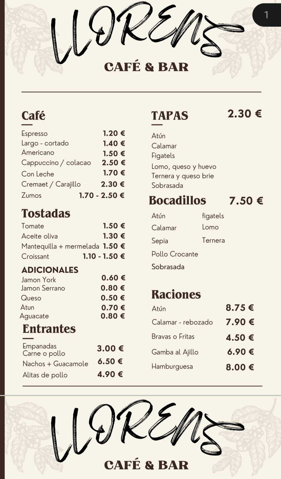 Llorens Cafe Bar меню
