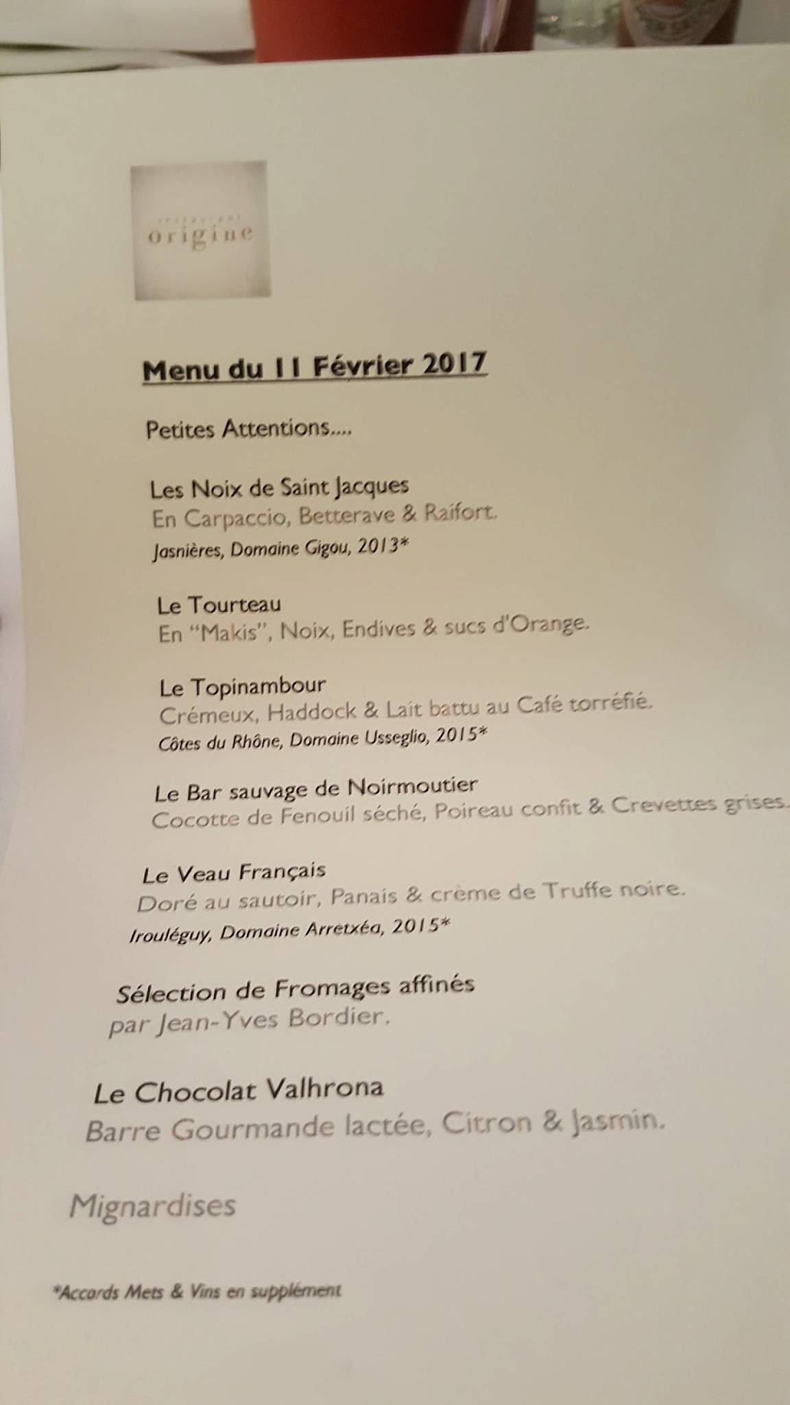 Restaurant Origine меню