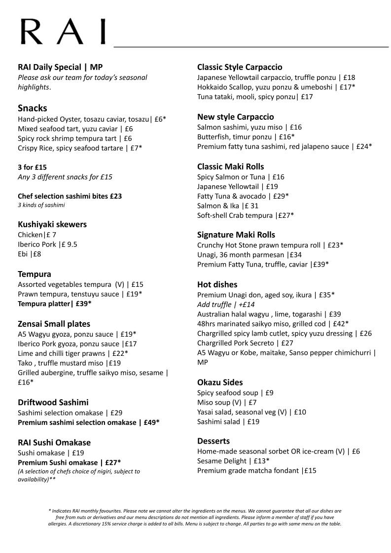 RAI Restaurant London меню