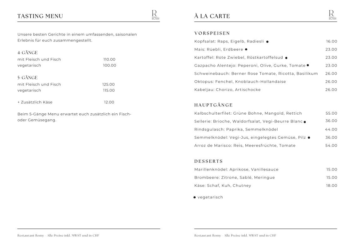 Restaurant Romy меню