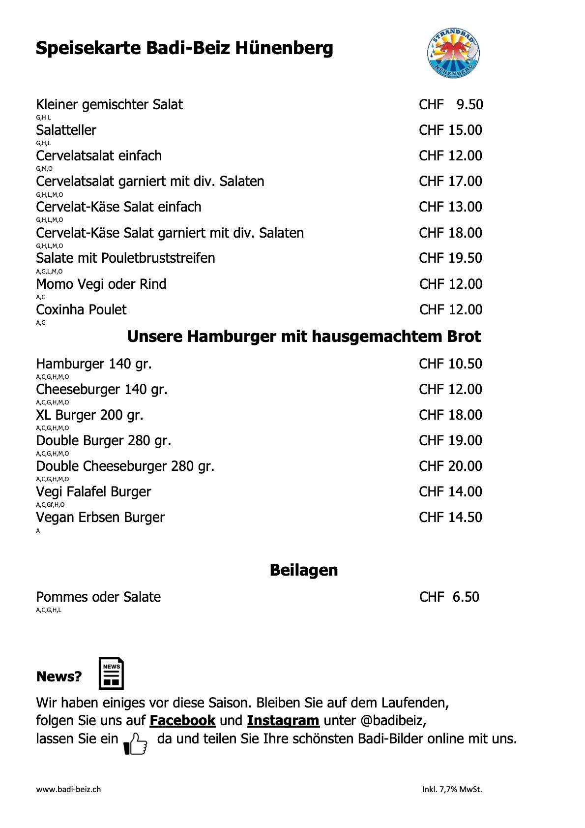 Strandbad Hünenberg меню