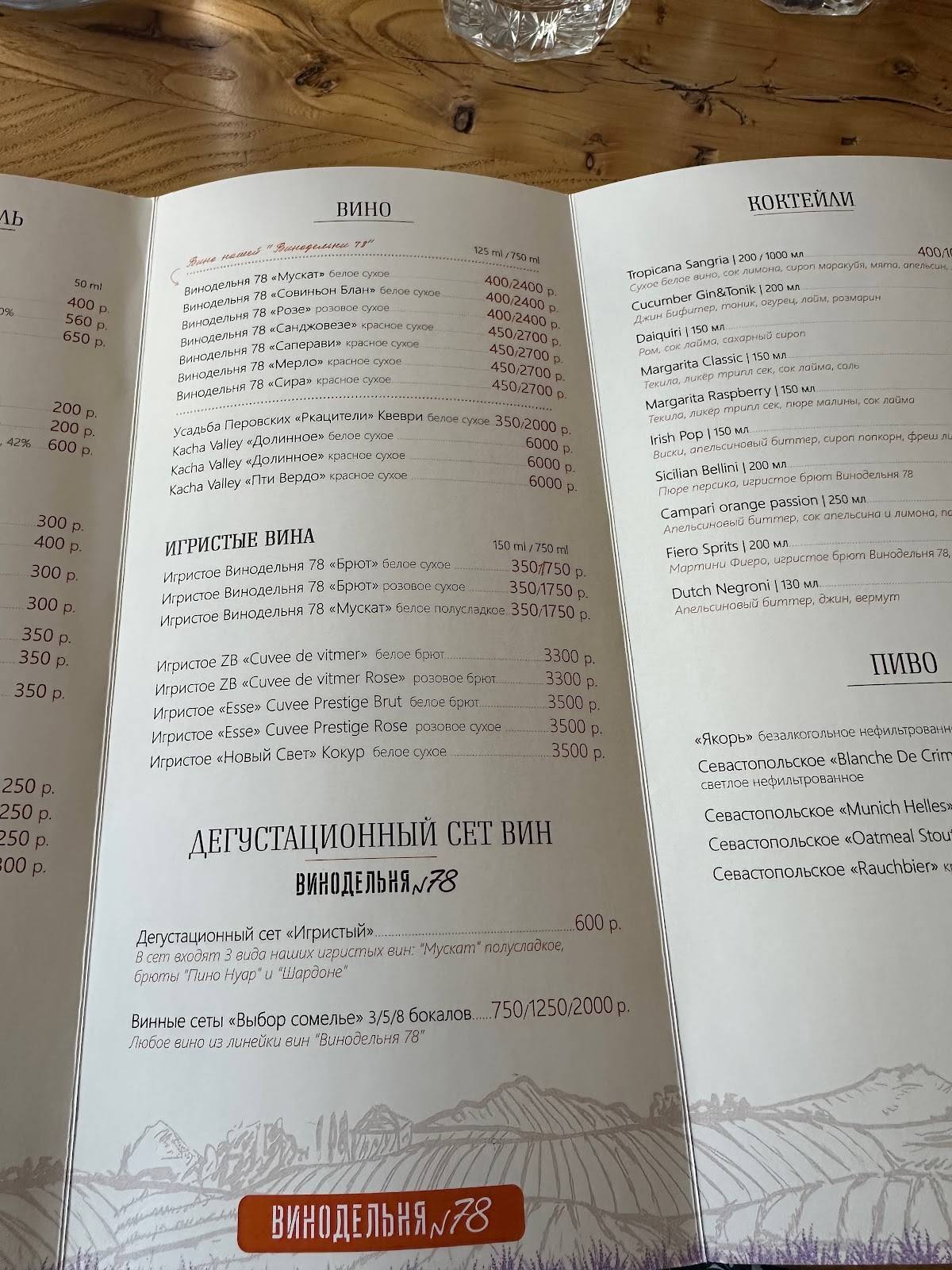Винодельня 78 меню
