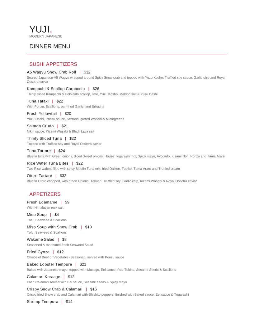 Yuji Modern Japanese меню