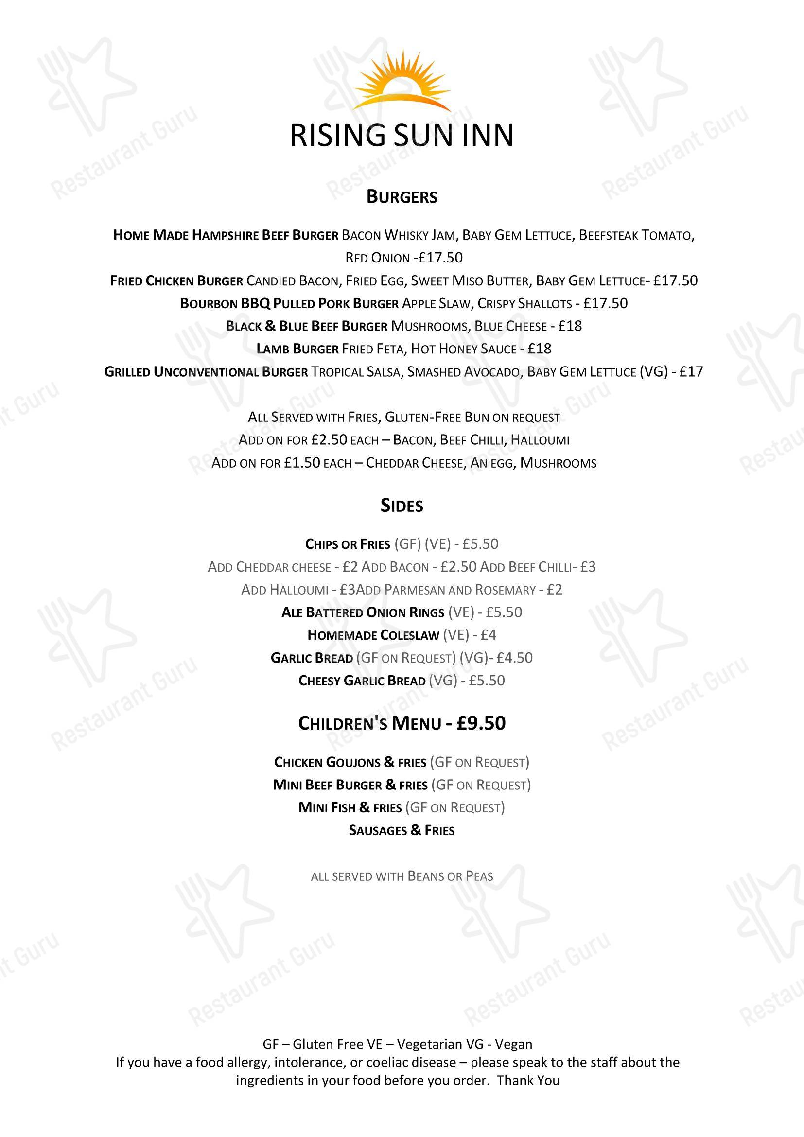 Rising Sun Inn в Кланфилде - Меню напитков