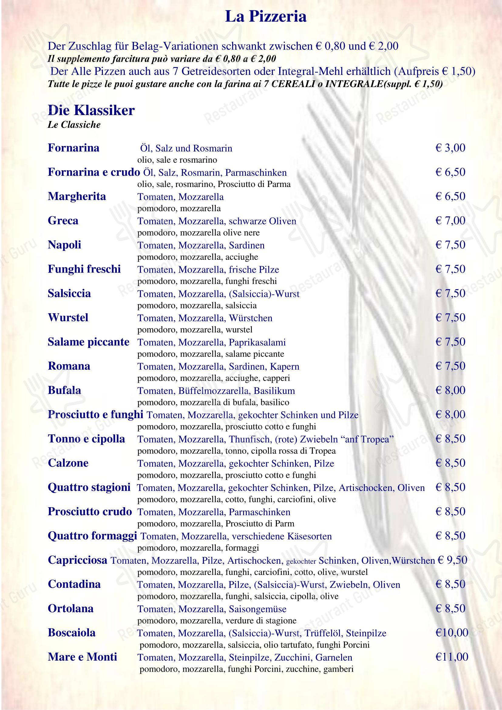 Основное меню кафе Ristorante Pizzeria Altamarea в Торре Педрере